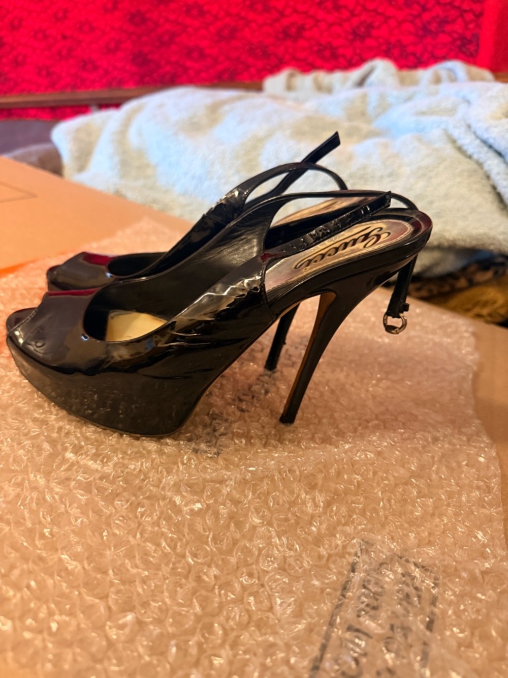 Gucci Black Patent Peep-Toe Slingback Platform Heels